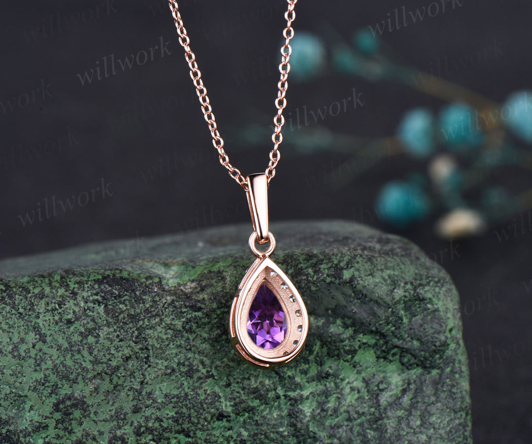 Pear shaped Amethyst  Necklace Solid 14k Rose Gold Vintage Unique Halo Diamond Necklace Pendant Women June Birthstone Anniversary Gift