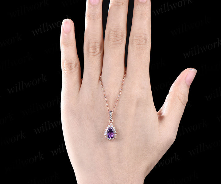 Pear shaped Amethyst  Necklace Solid 14k Rose Gold Vintage Unique Halo Diamond Necklace Pendant Women June Birthstone Anniversary Gift