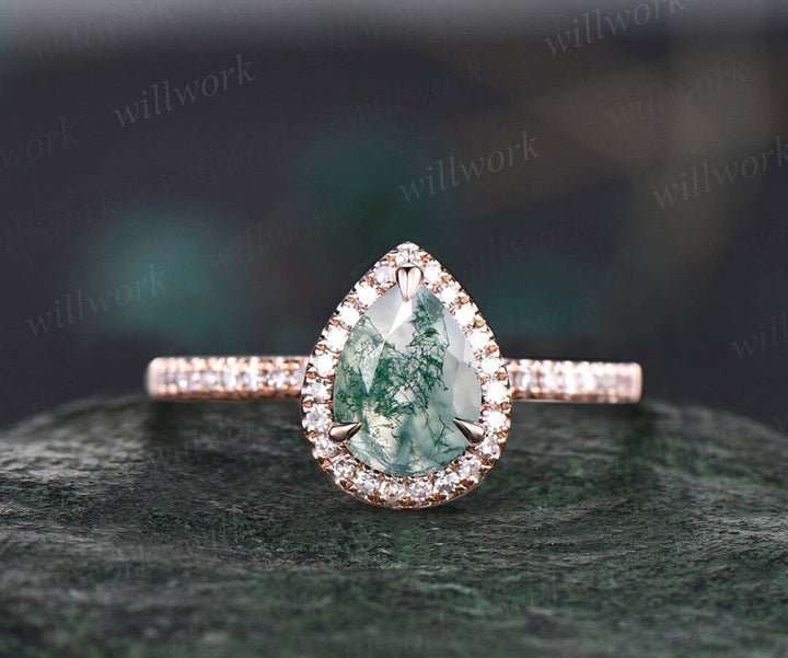 Moss agate ring set pear shaped moss agate engagement ring set rose gold halo diamond natural emerald ring women unique wedding ring set