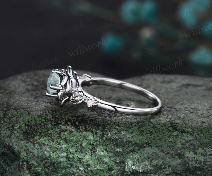 Round cut moss agate engagement ring white gold flower floral three stone opal ring vintage wedding ring women jewelry