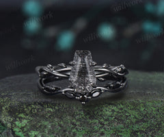 Retro Coffin Cut Natural Black Rutilated Quartz Engagement Ring Set Twig Vine Black Gothic Wedding Ring Set for Black Wedding Dress/Gown