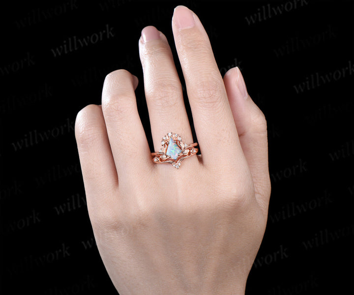 Kite Cut White Opal Leaf Ring Set Vintage Iris Engagement Ring for Women Diamond Unique Opal Promise Bridal Ring Set