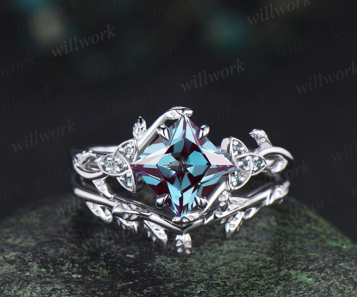 Princess cut alexandrite engagement ring set vintage celtic knot leaf twig ring wedding band bridal set