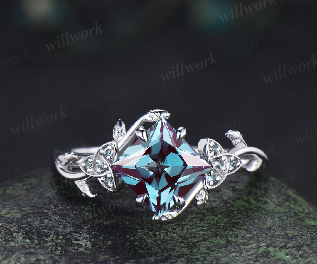 Princess cut alexandrite engagement ring set vintage celtic knot leaf twig ring wedding band bridal set