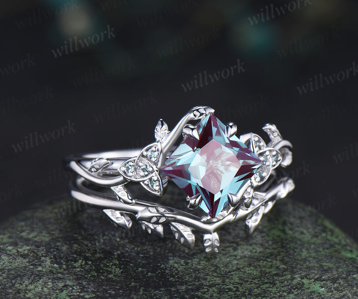 Princess cut alexandrite engagement ring set vintage celtic knot leaf twig ring wedding band bridal set