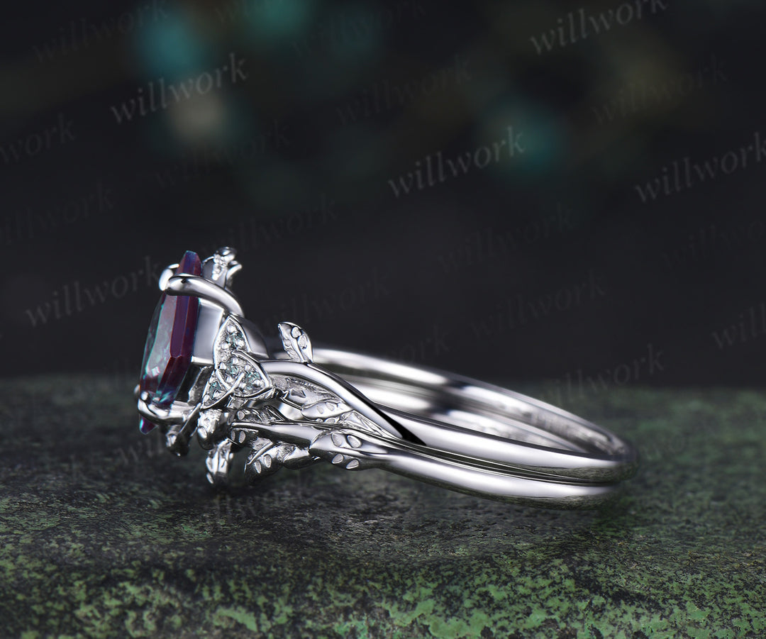 Princess cut alexandrite engagement ring set vintage celtic knot leaf twig ring wedding band bridal set