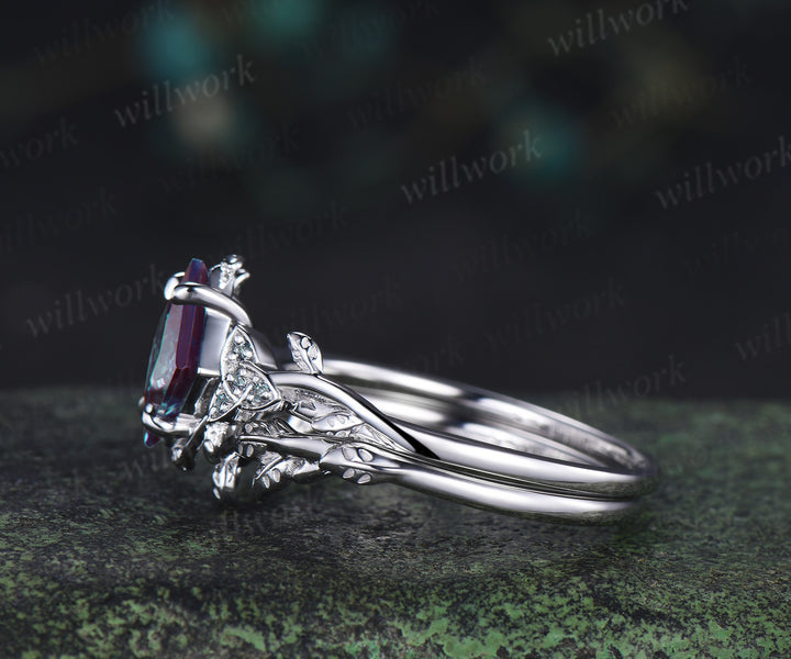 Princess cut alexandrite engagement ring set vintage celtic knot leaf twig ring wedding band bridal set