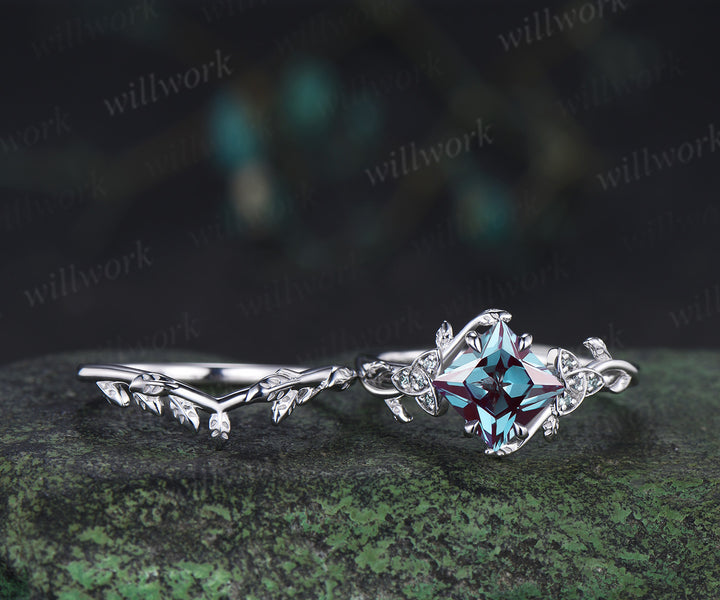 Princess cut alexandrite engagement ring set vintage celtic knot leaf twig ring wedding band bridal set