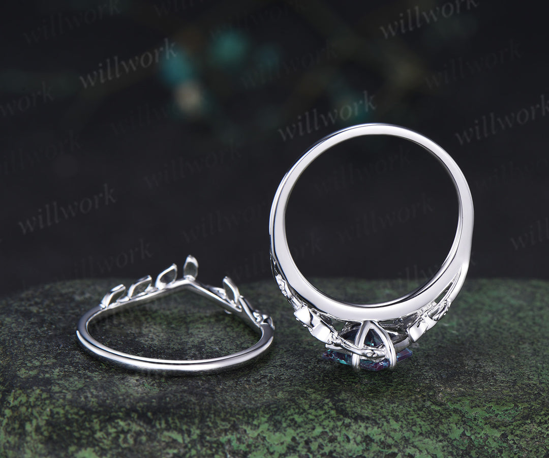 Princess cut alexandrite engagement ring set vintage celtic knot leaf twig ring wedding band bridal set