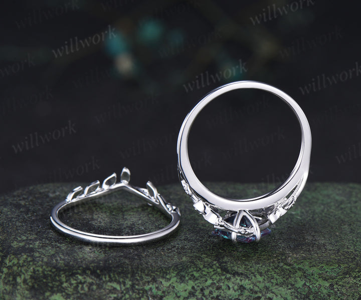Princess cut alexandrite engagement ring set vintage celtic knot leaf twig ring wedding band bridal set
