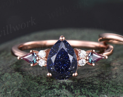 Pear blue sandstone ring vintage kite alexandrite ring 14k rose gold unique engagement ring stacking promise bridal wedding ring set women