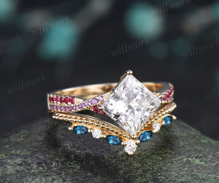 Princess Cut IGI Lab Grown Diamond Twisted Engagment Ring Set Ruby Amethyst Accent Ring Milgrain London Blue Topaz Band Unique Bridal Set