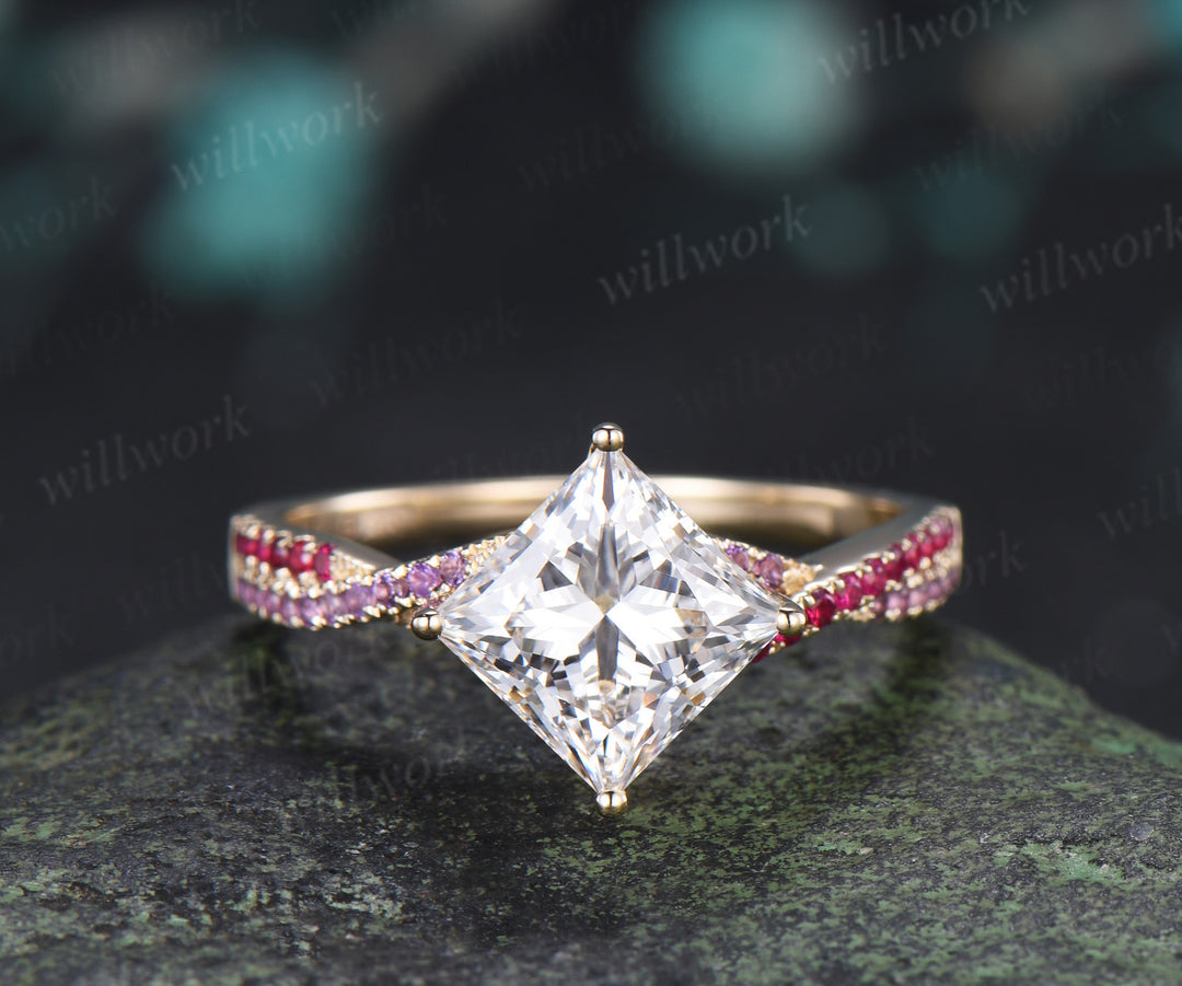 Princess Cut IGI Lab Grown Diamond Twisted Engagment Ring Set Ruby Amethyst Accent Ring Milgrain London Blue Topaz Band Unique Bridal Set