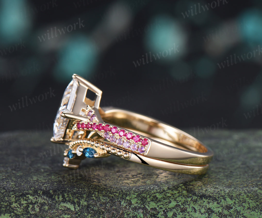 Princess Cut IGI Lab Grown Diamond Twisted Engagment Ring Set Ruby Amethyst Accent Ring Milgrain London Blue Topaz Band Unique Bridal Set