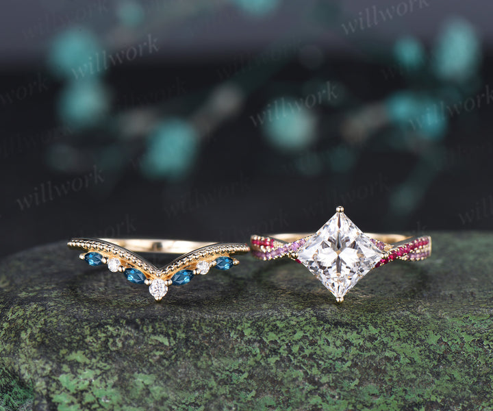 Princess Cut IGI Lab Grown Diamond Twisted Engagment Ring Set Ruby Amethyst Accent Ring Milgrain London Blue Topaz Band Unique Bridal Set