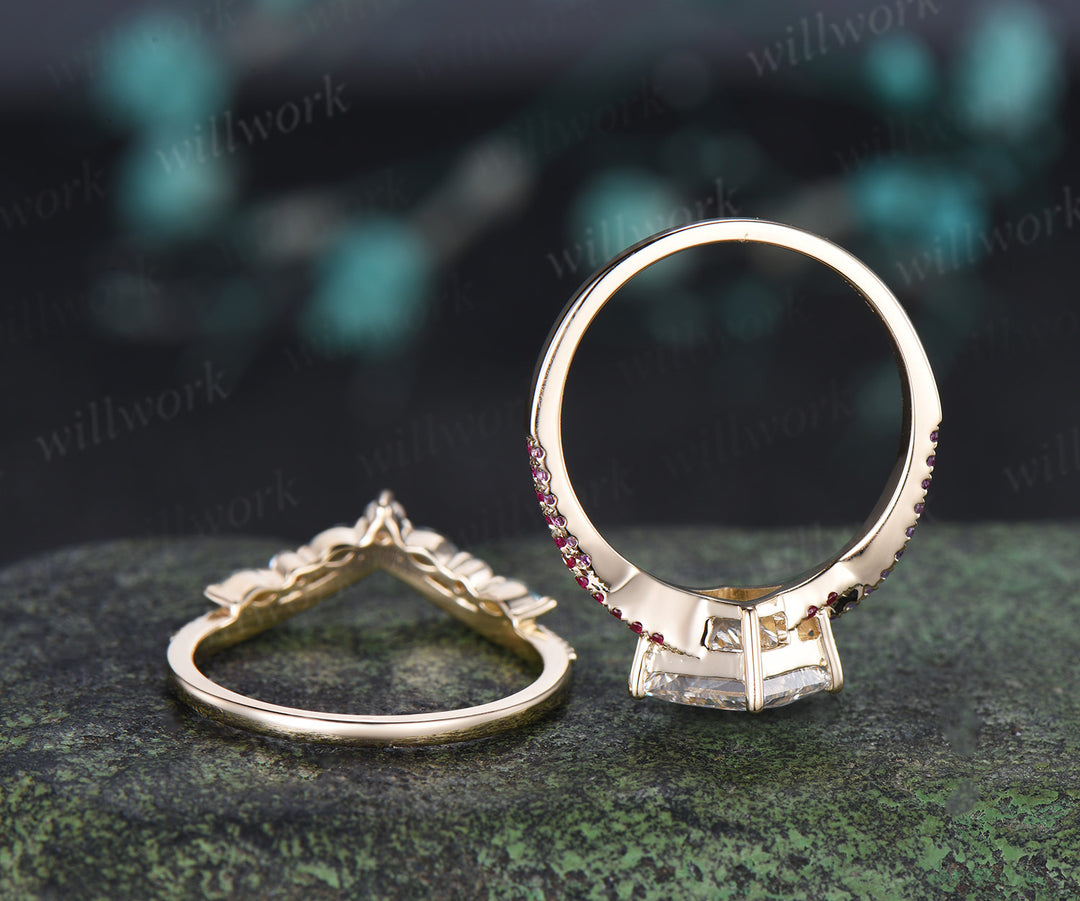 Princess Cut IGI Lab Grown Diamond Twisted Engagment Ring Set Ruby Amethyst Accent Ring Milgrain London Blue Topaz Band Unique Bridal Set