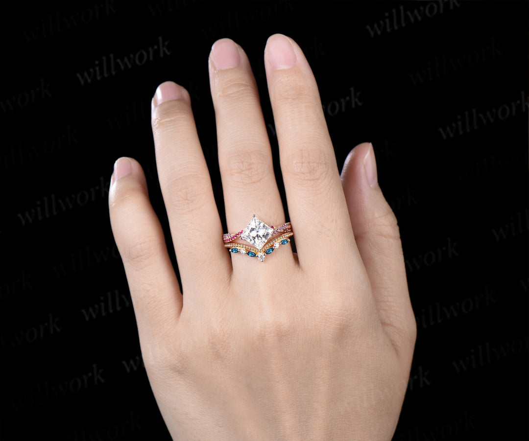 Princess Cut IGI Lab Grown Diamond Twisted Engagment Ring Set Ruby Amethyst Accent Ring Milgrain London Blue Topaz Band Unique Bridal Set