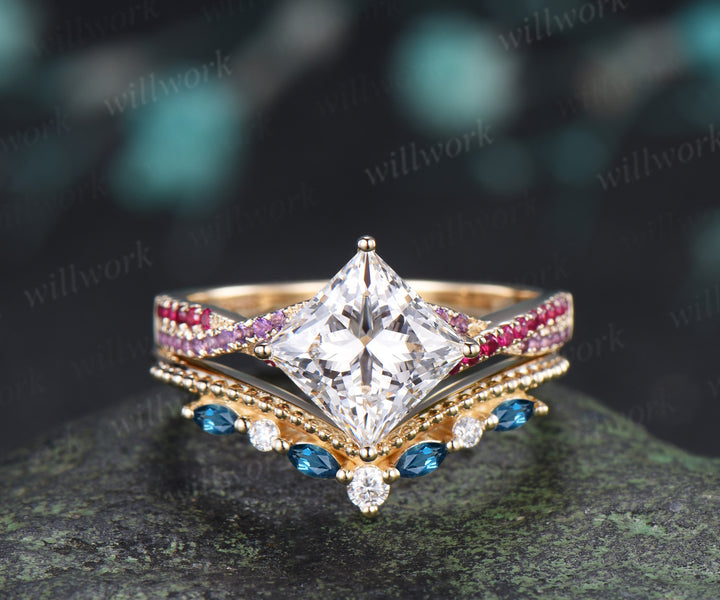 Princess Cut IGI Lab Grown Diamond Twisted Engagment Ring Set Ruby Amethyst Accent Ring Milgrain London Blue Topaz Band Unique Bridal Set