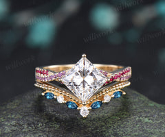 Princess Cut IGI Lab Grown Diamond Twisted Engagment Ring Set Ruby Amethyst Accent Ring Milgrain London Blue Topaz Band Unique Bridal Set