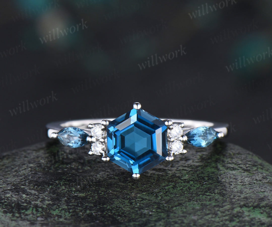 Hexagon cut London blue topaz engagement ring set stacking moissanite alexandrite bridal set women 14k white gold