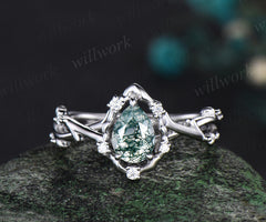 Pear moss agate ring vintage halo leaf branch nature inspired engagement ring white gold Twisted inifinity diamond wedding ring women