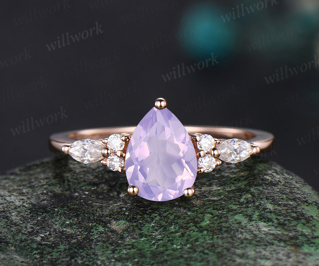 Vintage Pear cut 1ct Lavender Amethyst engagement ring set 14k rose gold marquise cut diamond ring for women unique bridal wedding ring set
