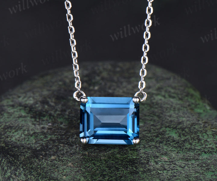 Emerald Cut London Blue Topaz Necklace 14k 18k white gold Solitaire East To West Necklace Women