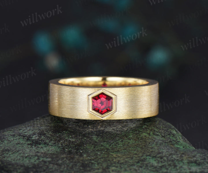 Mens Hexagon Cut Red Ruby Band 14K Solid Gold Men Solitaire Engagement Ring Brushed Finished Band Womens Ruby Wedding Band Unique Promise Ring