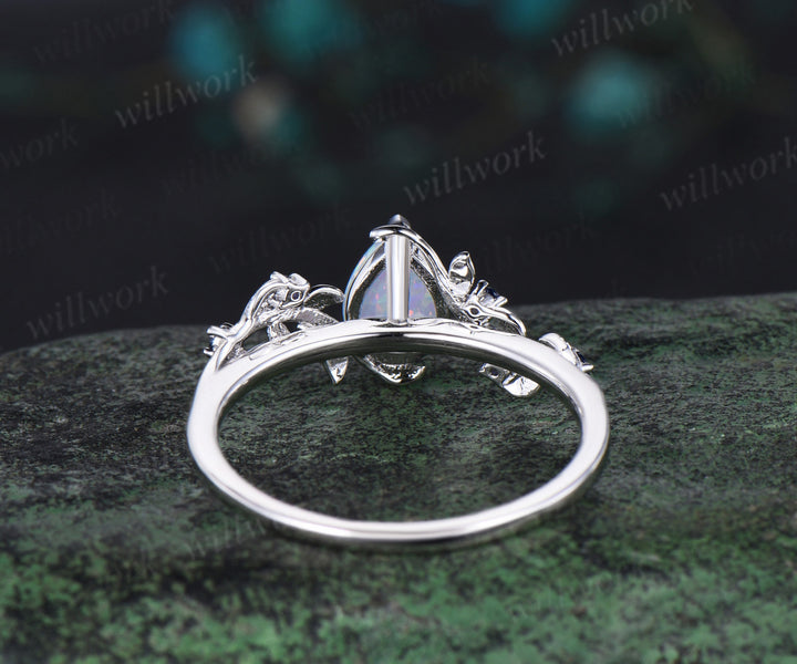 Pear shaped opal engagement ring white gold leaf branch vintage sapphire anniversary ring women