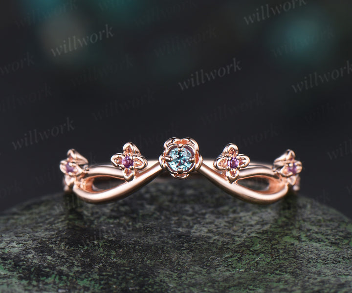 Floral Alexandrite amethyst wedding band five stone infinity stacking ring women 14k rose gold gift