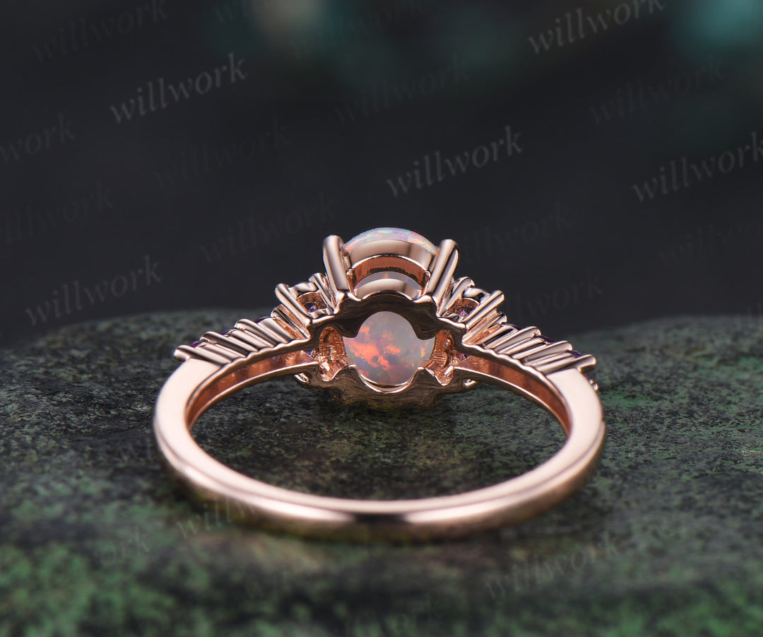 Oval white opal engagement ring vintage solid 14k rose gold half eternity amethyst ring women unique wedding anniversary ring gift