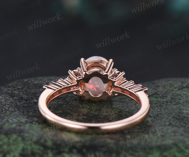 Oval white opal engagement ring vintage solid 14k rose gold half eternity amethyst ring women unique wedding anniversary ring gift