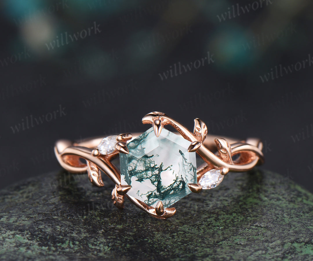 Kite/Coffin/Heart/Princess/Hexagon Cut Nature Inspired Twig Natural Green Moss Agate Engagement Ring Twisted Infinity Promise Ring Anniversary gift