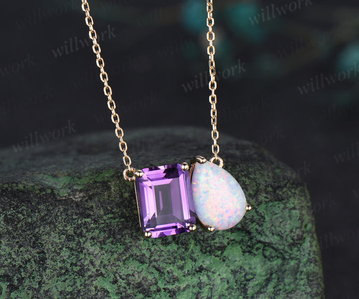 Emerald cut amethyst and pear opal necklace solid 14k rose gold unique two stone pendant women anniversary gift mother