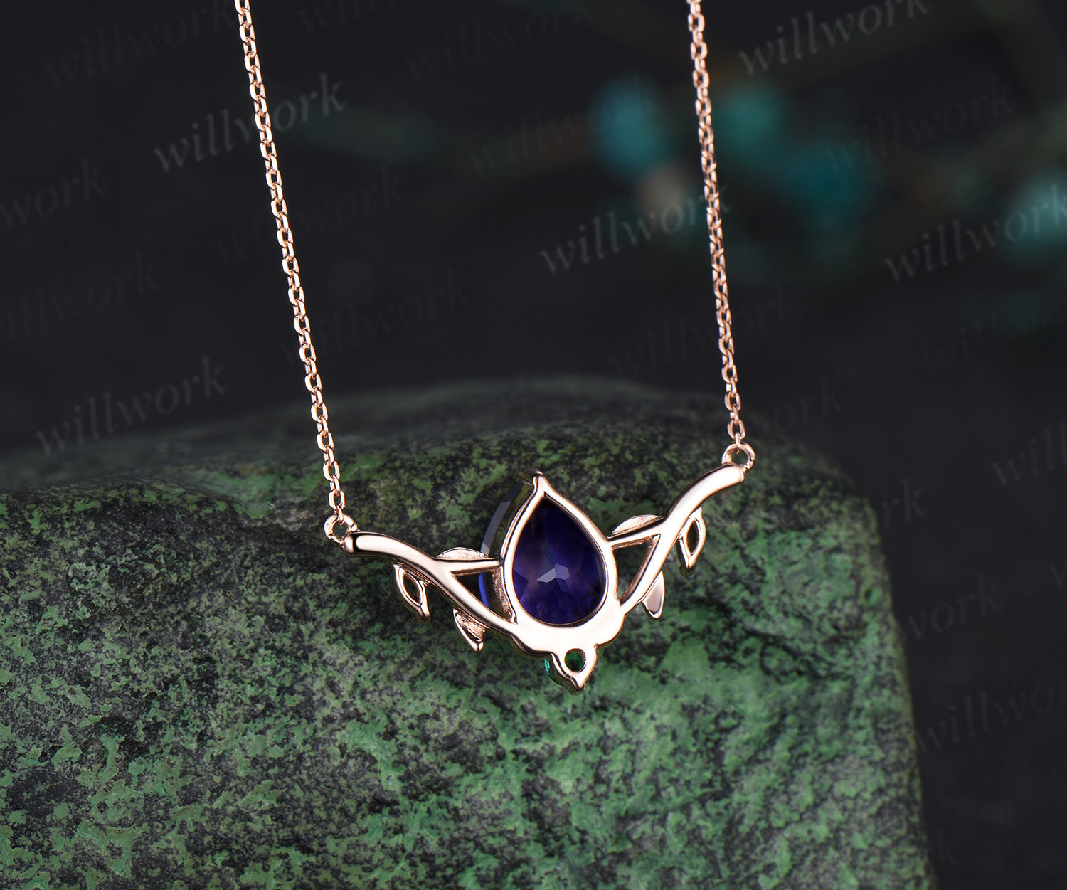 Pear shaped purple sapphire necklace solid 14k rose gold four