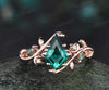 Kite cut emerald ring moon leaf nature inspired engagement ring solid 14k rose gold moss agate wedding ring women