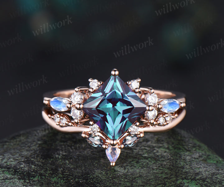 Pincess cut alexandrite engagement ring set cluster moonstone diamond rose gold ring women stacking wedding ring set