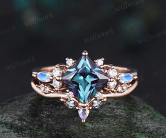 Pincess cut alexandrite engagement ring set cluster moonstone diamond rose gold ring women stacking wedding ring set