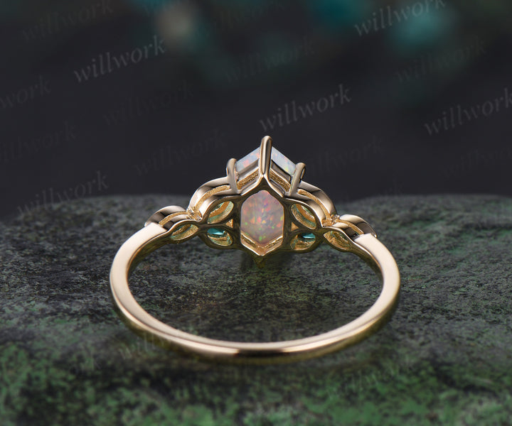 Long hexagon cut white opal ring vintage 14k yellow gold marquise leaf bezel emerald ring antique unique engagement ring women gift