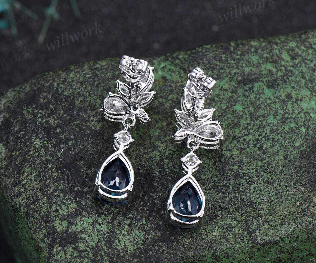 Pear cut London blue topaz earrings solid 14k white gold cluster moissanite opal drop earrings women anniversary gift for her