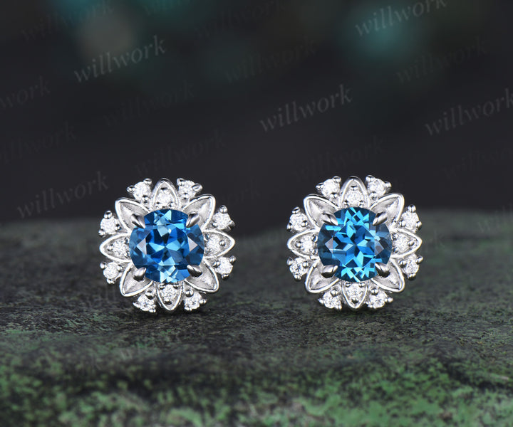 Unique Round Cut London Blue Topaz Stud Earrings Art Deco 14k white Gold diamond Halo Earrings December Birthstone Earrings