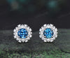 Unique Round Cut London Blue Topaz Stud Earrings Art Deco 14k white Gold diamond Halo Earrings December Birthstone Earrings