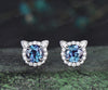 1ct Round cut Alexandrite Halo diamond Earrings white gold June Birthstone Cute Cat Stud Earrings Birthday Gifts Women