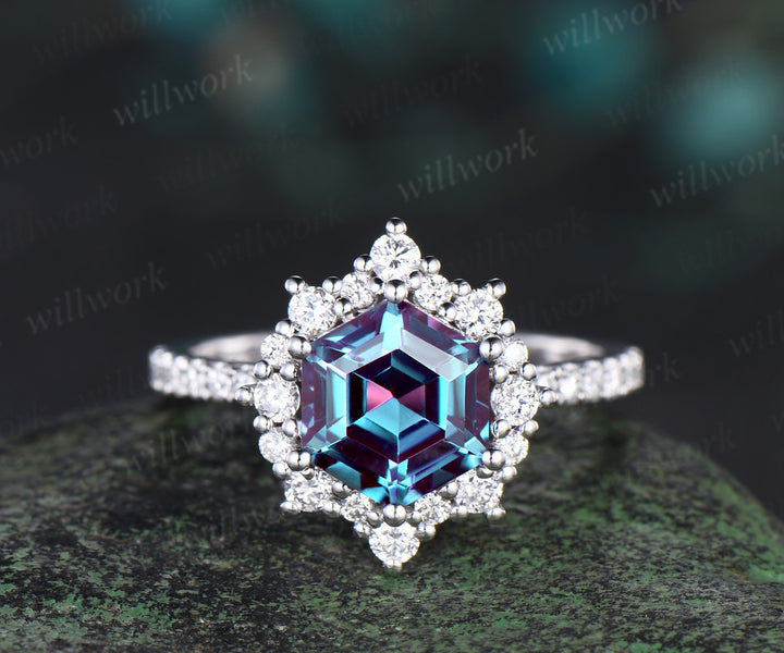 Hexagon cut Alexandrite engagement ring set vintage milgrain halo diamond ring women half eternity snowdrift moissanite bridal ring set