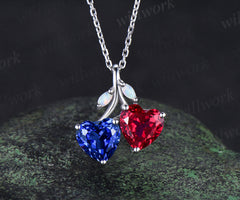 Double heart shaped sapphire ruby Necklace 14k white gold four stone Pendant Birthstone Gift
