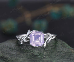 Asscher cut lavender amethyst engagement ring solitaire leaf branch ring nature inspired promise wedding anniversary ring for women gift