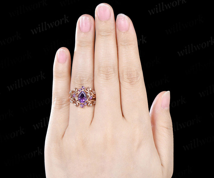 Pear Purple Amethyst Engagement Ring Nature Inspired Branch Leaf Moon Sold Gold Wedding Ring Set