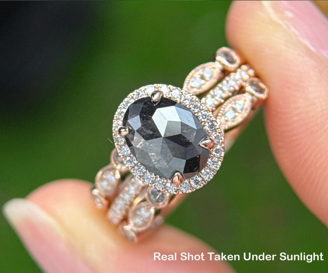 Vintage Unique oval cut salt and pepper diamond engagement ring set halo diamond art deco bridal wedding ring set for women