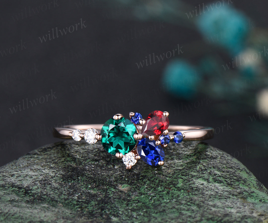 14K Gold Mixed Stone round cut Cluster Ring Christmas Ring Blue Sapphire Ring Ruby Anniversary Ring EmeraldEngagement Ring for anniversary