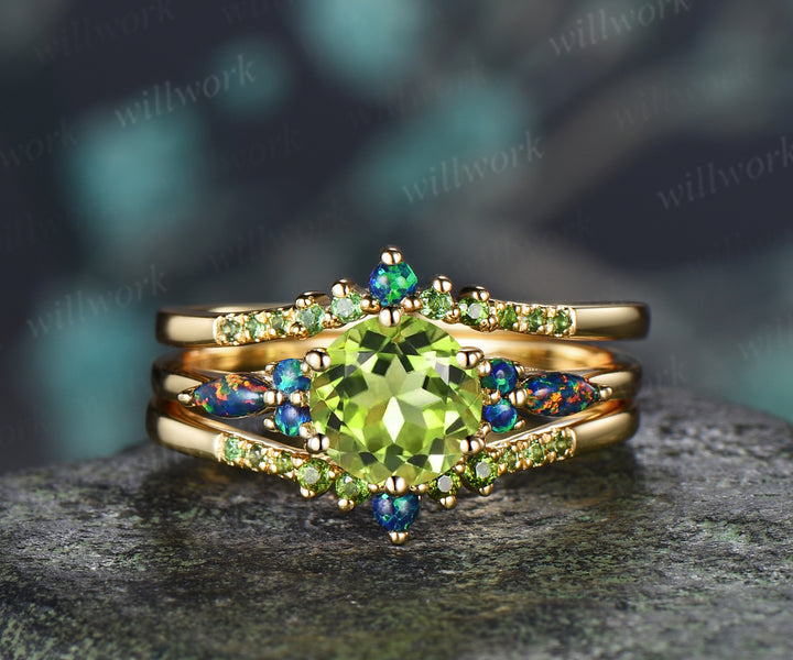 Round Cut Peridot Engagement Ring Set Black Opal Accent Unique Seven Stone Promise Ring Curved Matching Band Bridal Set